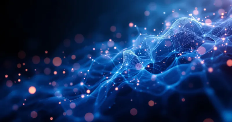 Abstract network of soft glowing filaments in deep blue on a dark background (illustration)