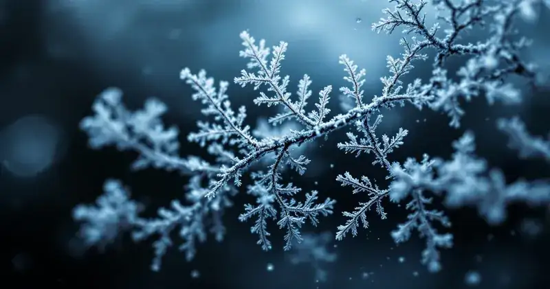 Delicate frost crystal patterns branching across dark glass (illustration)