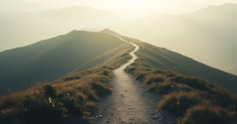 Trail continuing over a gentle rise into soft light (illustration)