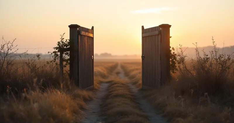 Plain open gate onto a quiet field at golden hour (illustration)
