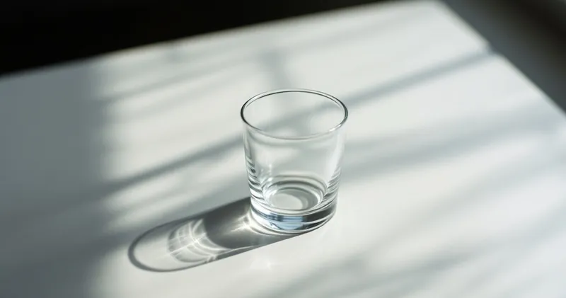 Empty clear glass on a plain surface in cool morning light (illustration)