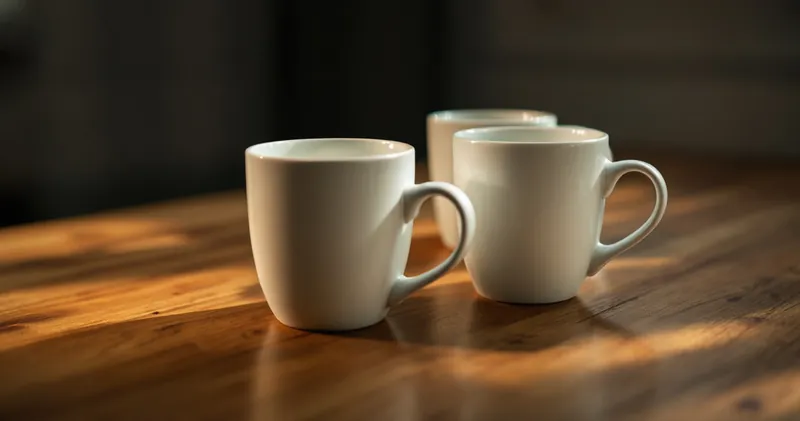 Several plain mugs together on a wooden table in warm light (illustration)