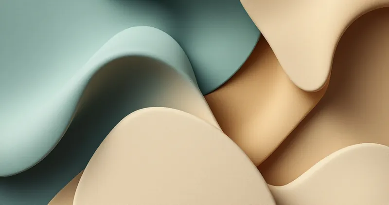 Interlocking soft geometric shapes in muted teal and sand (illustration)