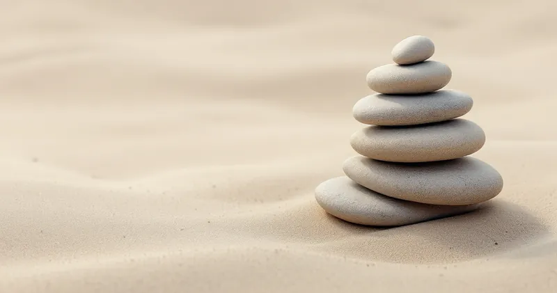 Neat stacks of smooth flat stones in descending heights on plain sand (illustration)