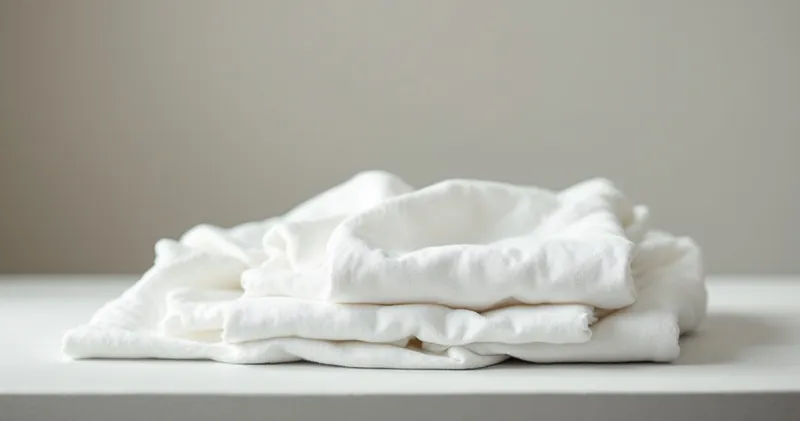 Clean white linen folded on a plain surface in soft clinical daylight (illustration)