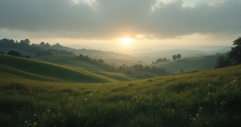 First light over a quiet hillside meadow (illustration)