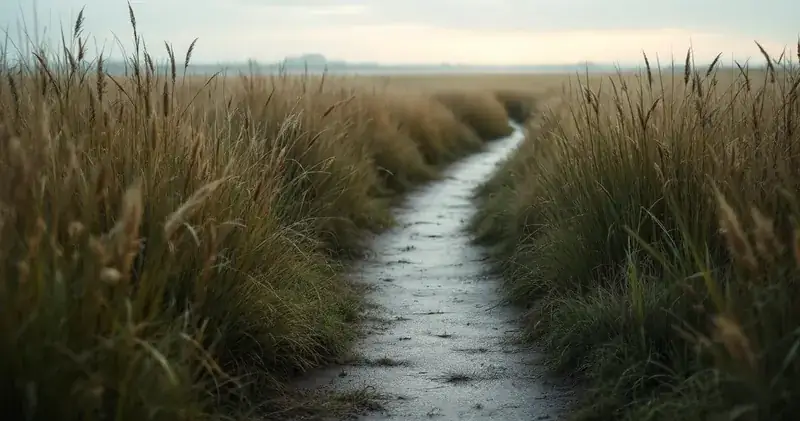 Narrow footpath winding through tall grass at dawn (illustration)