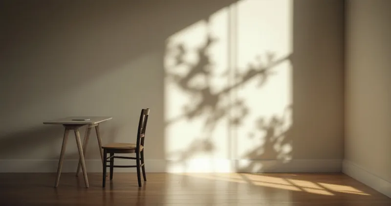 Soft morning light across an empty chair and a plain desk (illustration)