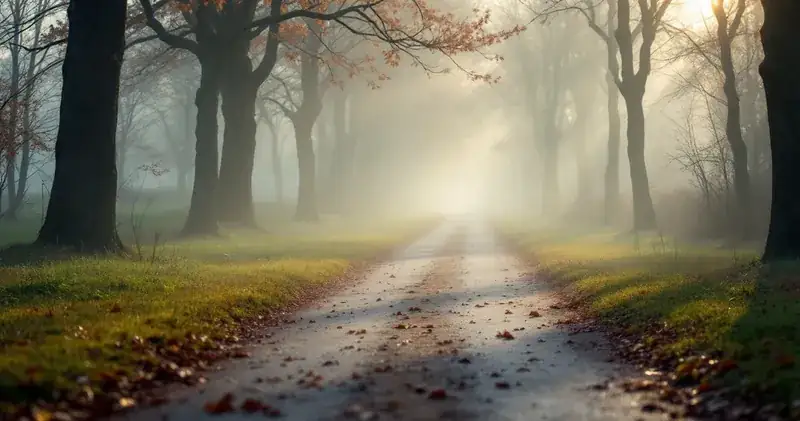 Running trail through morning mist in a park (illustration)