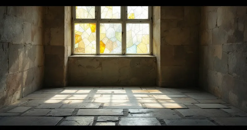 Soft coloured light falling through plain stained glass onto a stone floor (illustration)