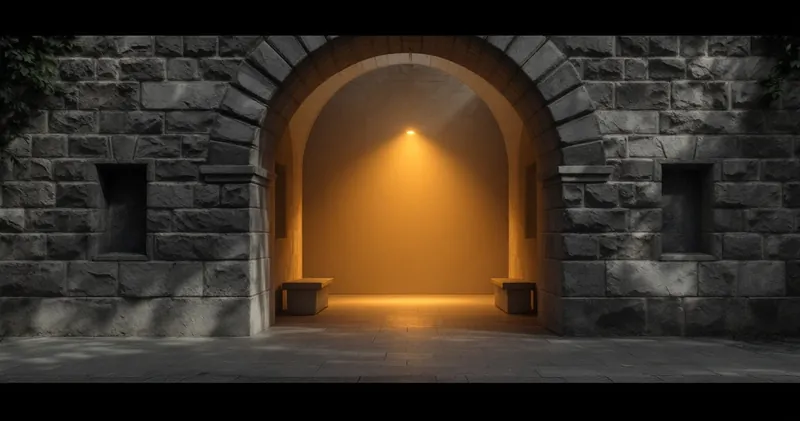 Quiet stone archway with warm light beyond (illustration)