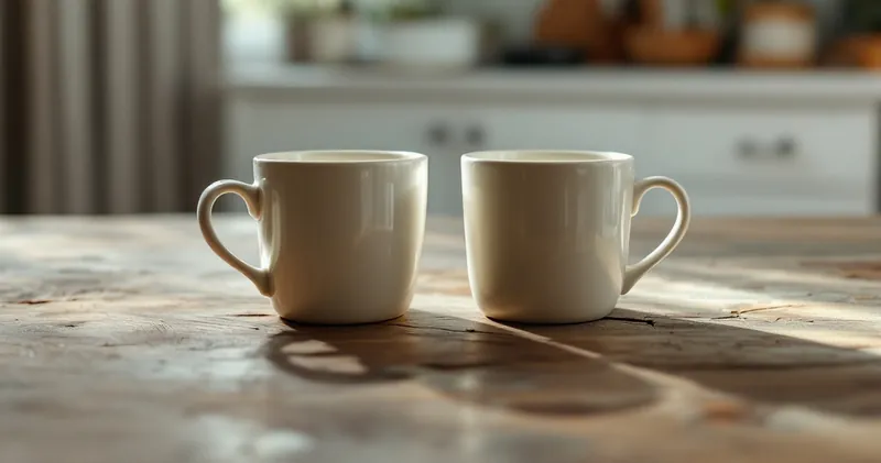 Two empty ceramic mugs side by side on a worn kitchen table in soft morning light (illustration)