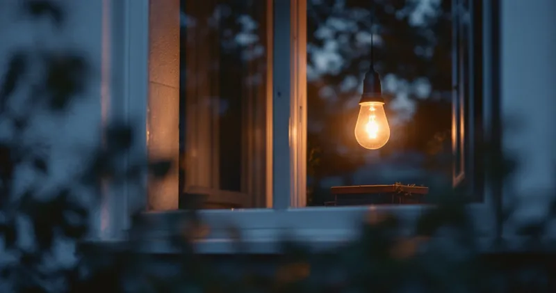 Warm lamp glowing in the window of a quiet house at dusk seen from the garden (illustration)