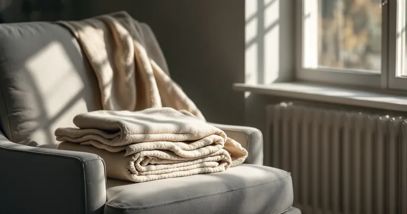 Folded wool blanket on the arm of an armchair beside a sunlit window (illustration)