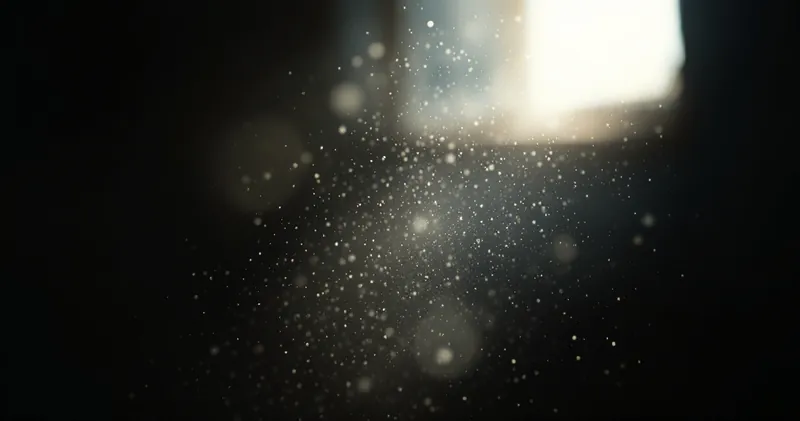 Fine dust motes drifting in a single shaft of light in a dark room (illustration)
