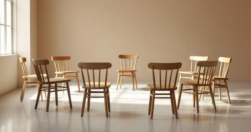 Loose circle of plain wooden chairs in a bright empty room (illustration)