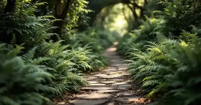 Quiet garden path lined with ferns in dappled light (illustration)