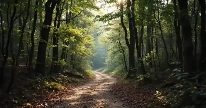 Fork in a woodland trail with soft dappled light (illustration)