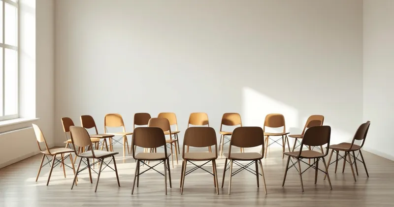 Empty chairs arranged in a loose circle in a bright plain room (illustration)