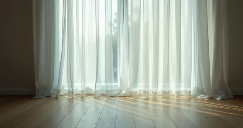 Soft daylight through sheer curtains onto a bare wooden floor (illustration)