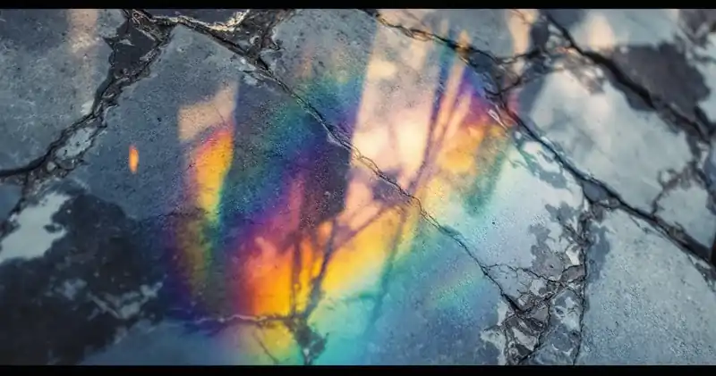 Gentle spectrum of colour refracted through glass onto stone (illustration)