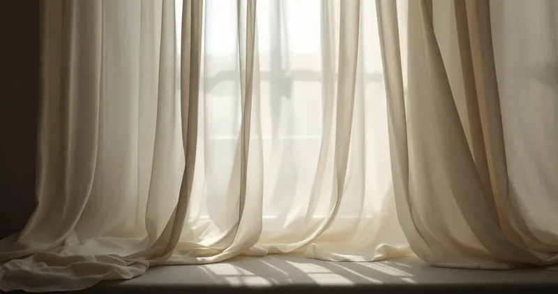 Linen drapes moving in soft light in a spare elegant room (illustration)