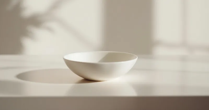 Clean white ceramic dish on a pale surface in soft clinical daylight (illustration)