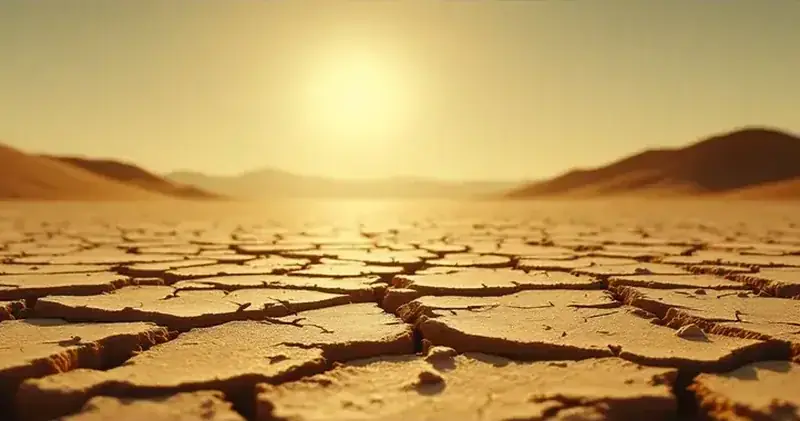 Harsh bright sunlight across a cracked dry desert floor (illustration)