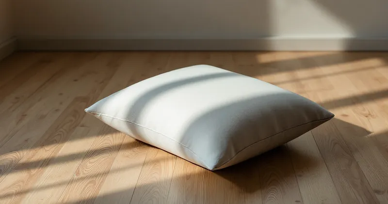 Single cushion on a plain wooden floor in soft morning light (illustration)