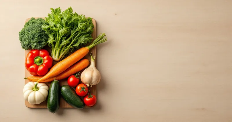 Fresh whole vegetables on a plain wooden board in soft daylight (illustration)