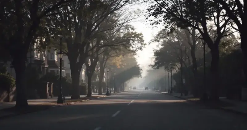 Quiet residential street lined with trees in early morning light (illustration)