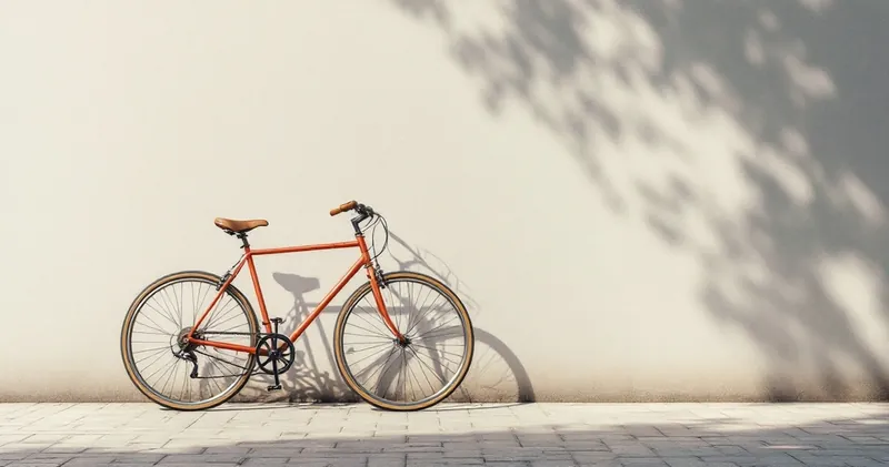 Bicycle leaning against a plain garden wall in soft daylight (illustration)