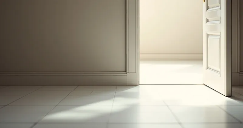 Soft daylight through an open doorway onto a clean tiled floor (illustration)