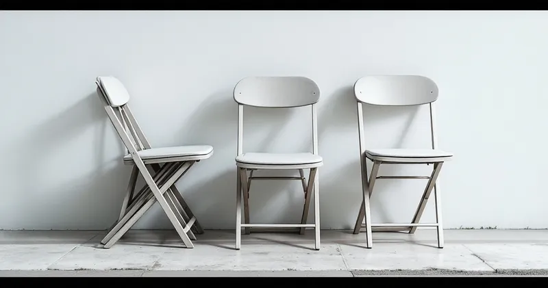 Plain folding chairs stacked neatly against a bright wall (illustration)