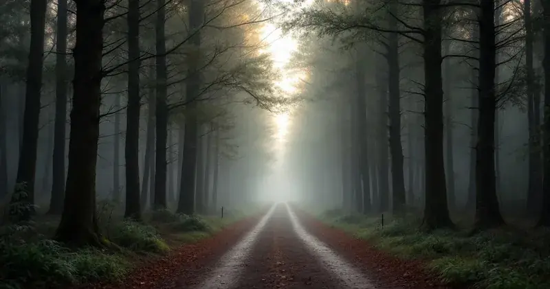 Quiet forest path at dawn with soft mist between tall trees (illustration)
