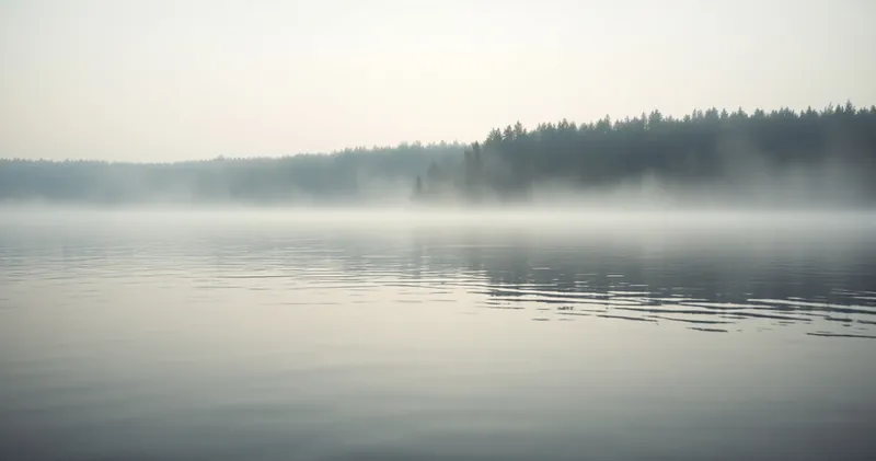 Still lake water at early morning with low mist and a distant treeline (illustration)