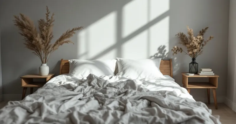 Unmade bed in soft grey morning light in a quiet empty room (illustration)
