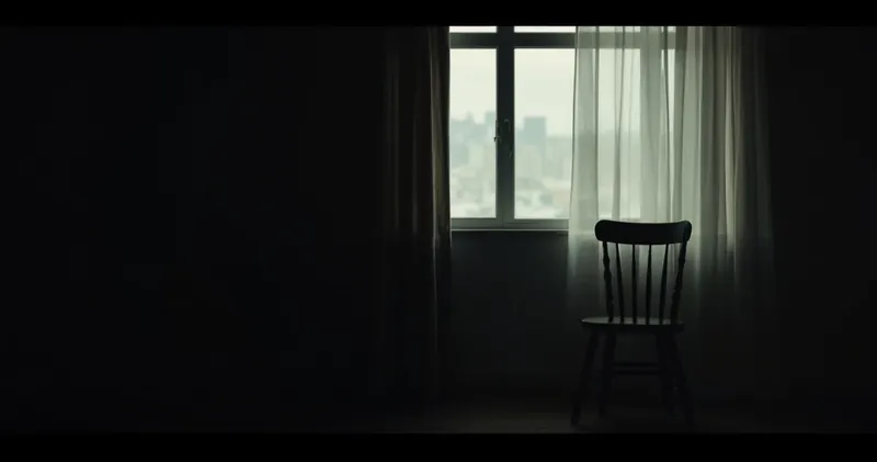 Single chair by a window with curtains half drawn (illustration)