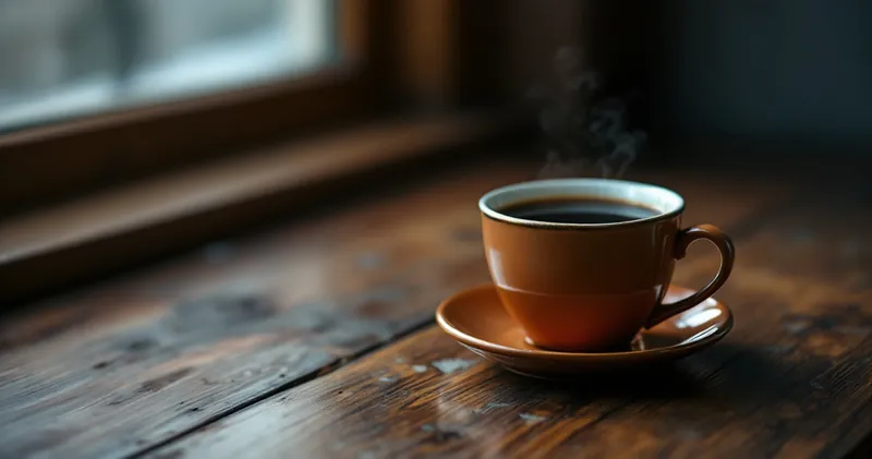 Cold cup of tea left on a wooden table beside a dim window (illustration)