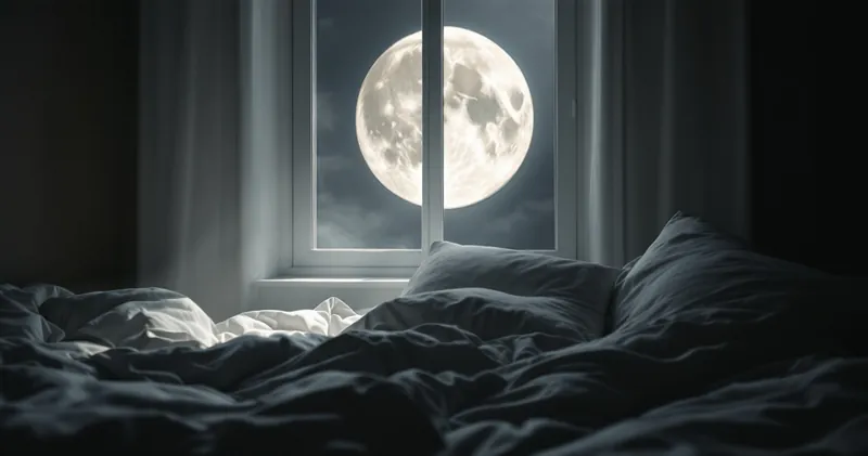 Moonlight through a window onto plain white bedding (illustration)