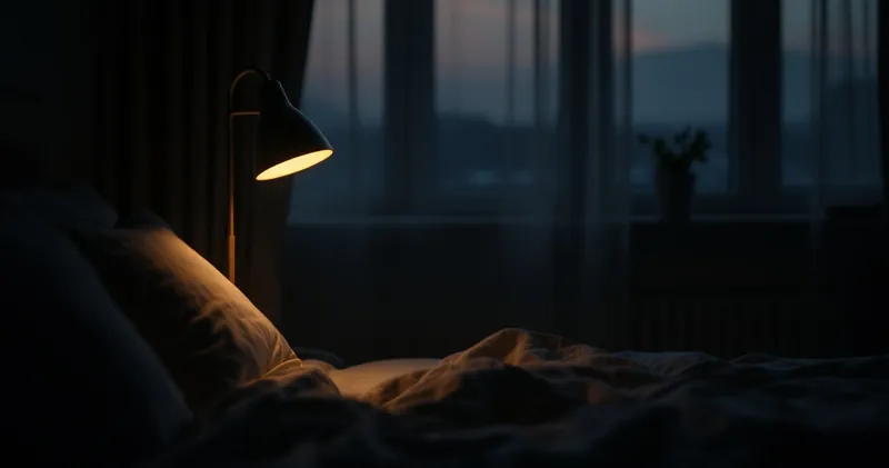 Dim bedside lamp glowing softly in a dark quiet room (illustration)