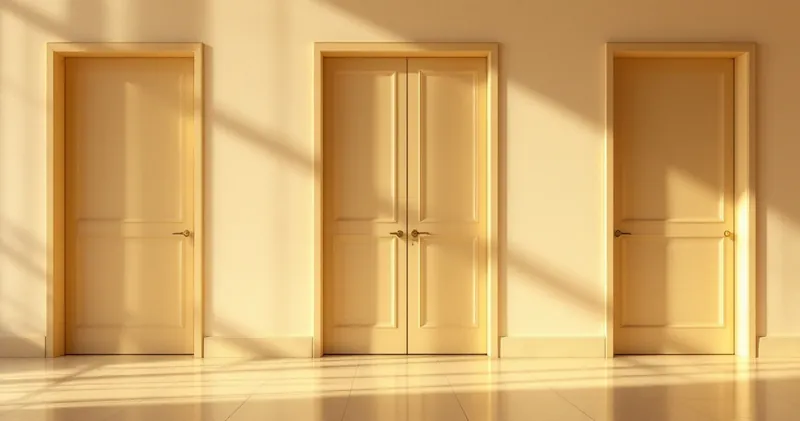 Row of plain doors along a sunlit corridor (illustration)