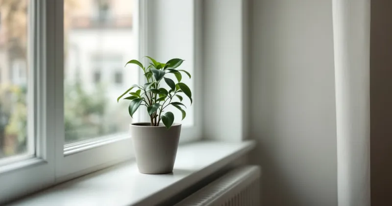 Small potted plant on a clean windowsill in a bright simple room (illustration)