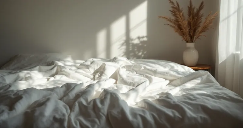 Morning light across a made bed with plain white linen in a simple room (illustration)