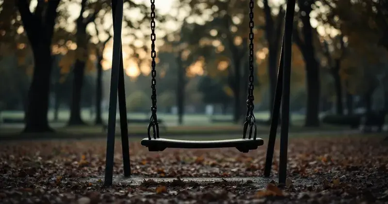 Empty swing in a quiet park in soft evening light (illustration)