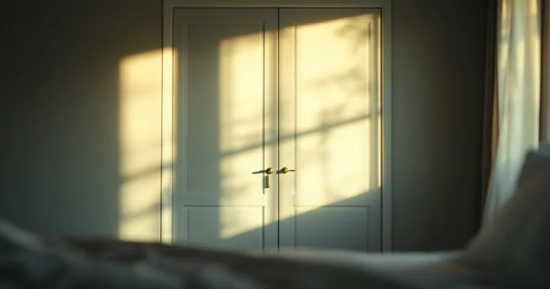 Closed bedroom door with warm light beneath it (illustration)