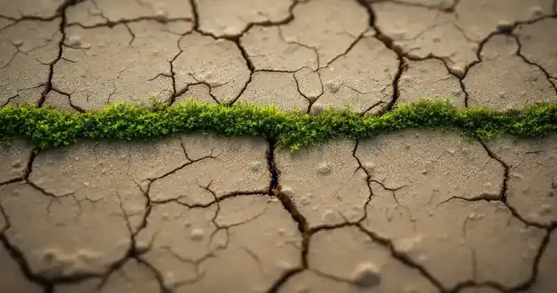 Cracked dry earth surface with a thin line of green moss healing across it (illustration)
