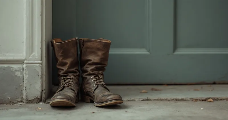 Worn leather boots by a plain doorway in soft light (illustration)