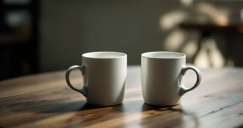 Two plain mugs set apart on a wooden table in soft light (illustration)