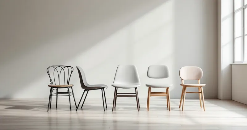 Several plain chairs of different shapes in a bright empty room (illustration)